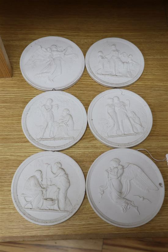 A set of six Royal Copenhagen biscuit plaques after Thorvaldsen, each relief moulded with classical figures, 14cm